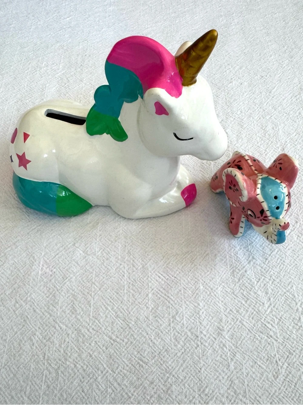 Vintage Elephant Salt Shaker and a Unicorn Piggy Bank. Ceramic Kitsch.